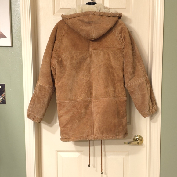 Vtg Synergy Leather Faux Shearling Hooded Coat Sueded Modacrylic Lined, Sz S - Picture 4 of 16